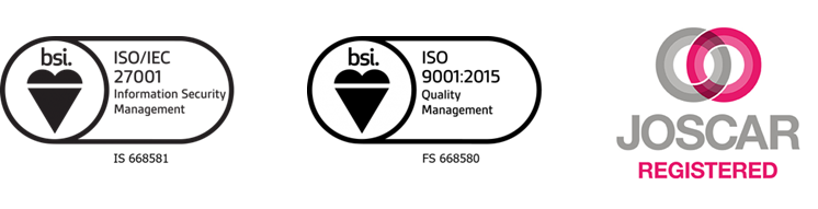 Compliance certifications and logos - BSI ISO/IEC 27001 Logo - BSI ISO 9001:2015 Logo - Joscar registered