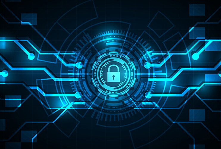 A blue digital background with a padlock symbolizing security and protection.